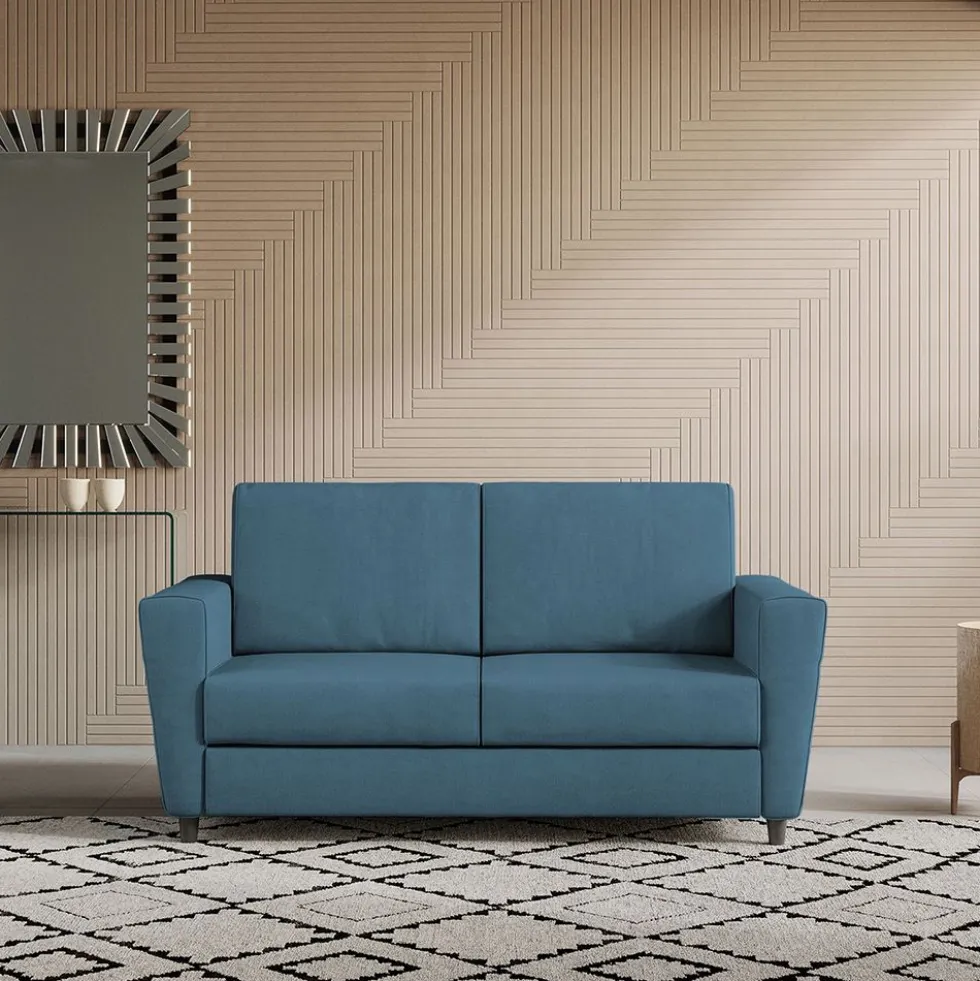 Divano 172x85cm design a due posti con piedini in legno e stoffa idrorepellente blu avio DI35