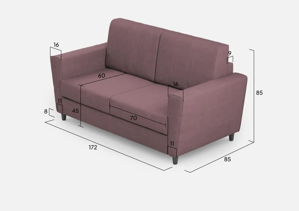 Divano 172x85cm design a due posti con piedini in legno e stoffa idrorepellente prugna DI35