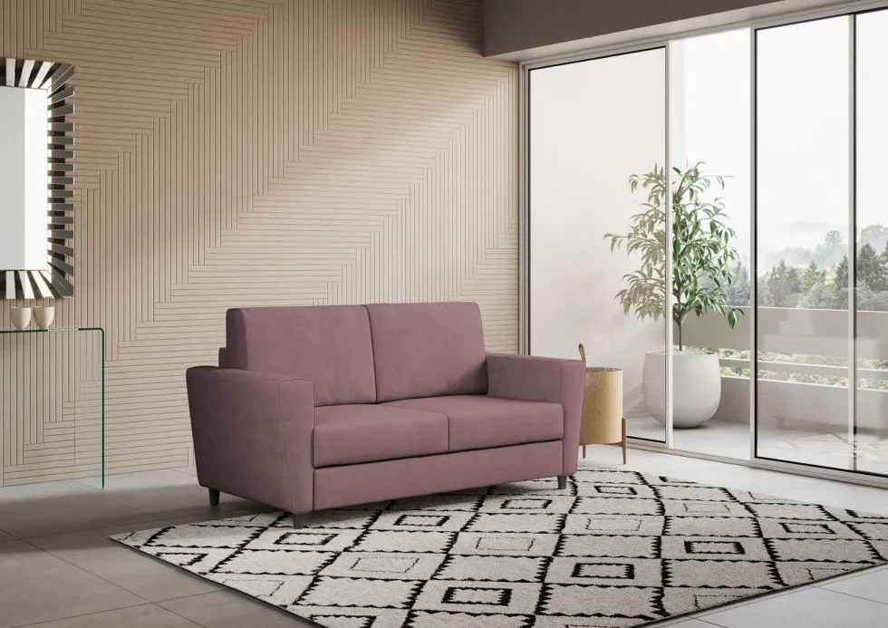 Divano 172x85cm design a due posti con piedini in legno e stoffa idrorepellente prugna DI35