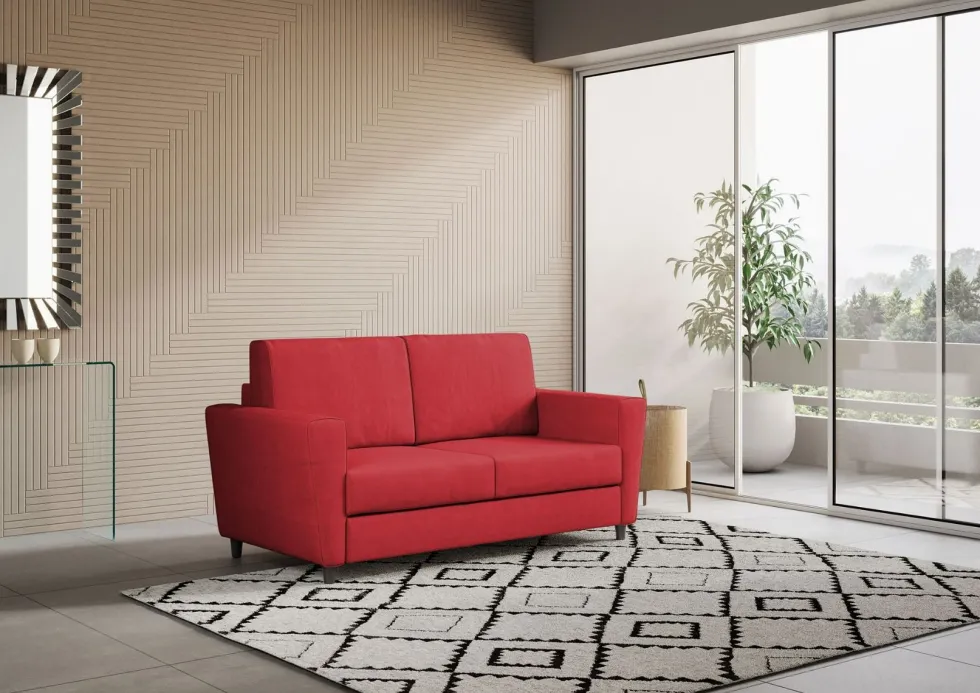 Divano 172x85cm design a due posti con piedini in legno e stoffa idrorepellente rosso DI35