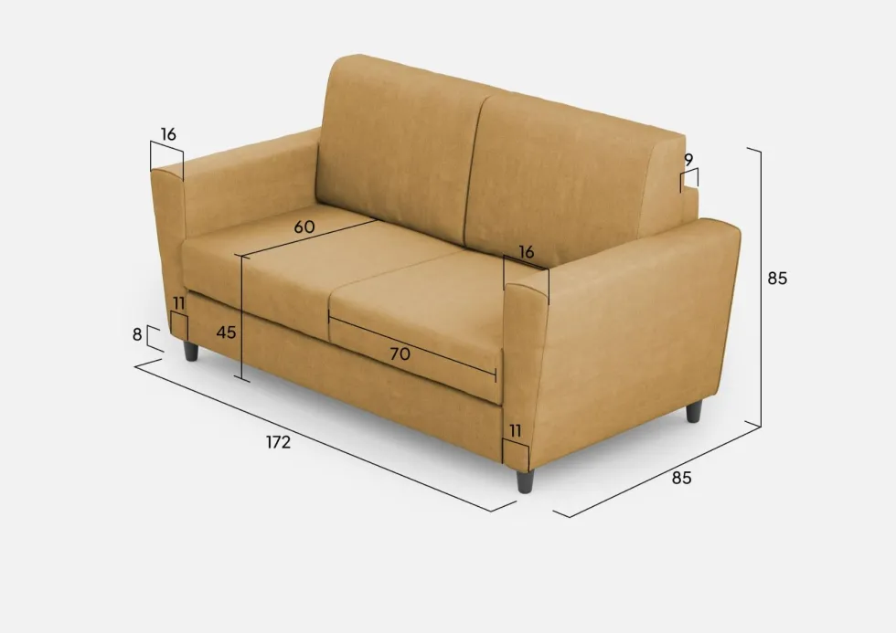 Divano 172x85cm design a due posti con piedini in legno e stoffa idrorepellente ocra DI35