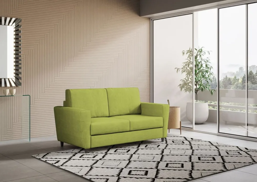Divano 172x85cm design a due posti con piedini in legno e stoffa idrorepellente verde DI35