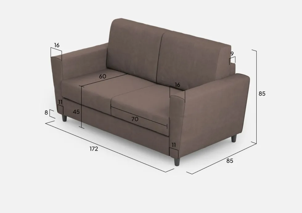 Divano 172x85cm design a due posti con piedini in legno e stoffa idrorepellente talpa DI35