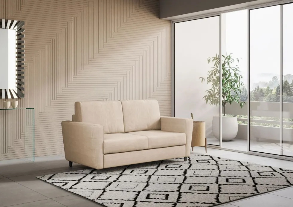 Divano 172x85cm design a due posti con piedini in legno e stoffa idrorepellente beige DI35
