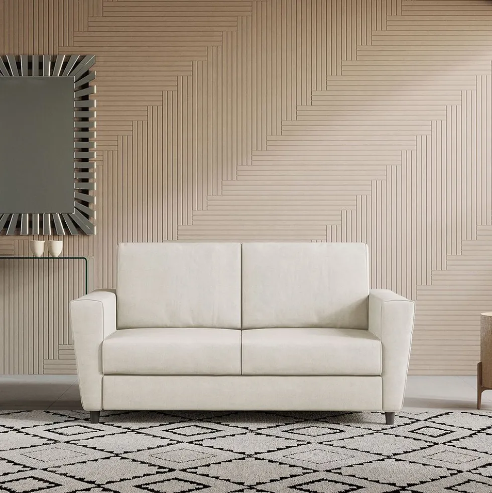 Divano 172x85cm design a due posti con piedini in legno e stoffa idrorepellente bianco latte DI35