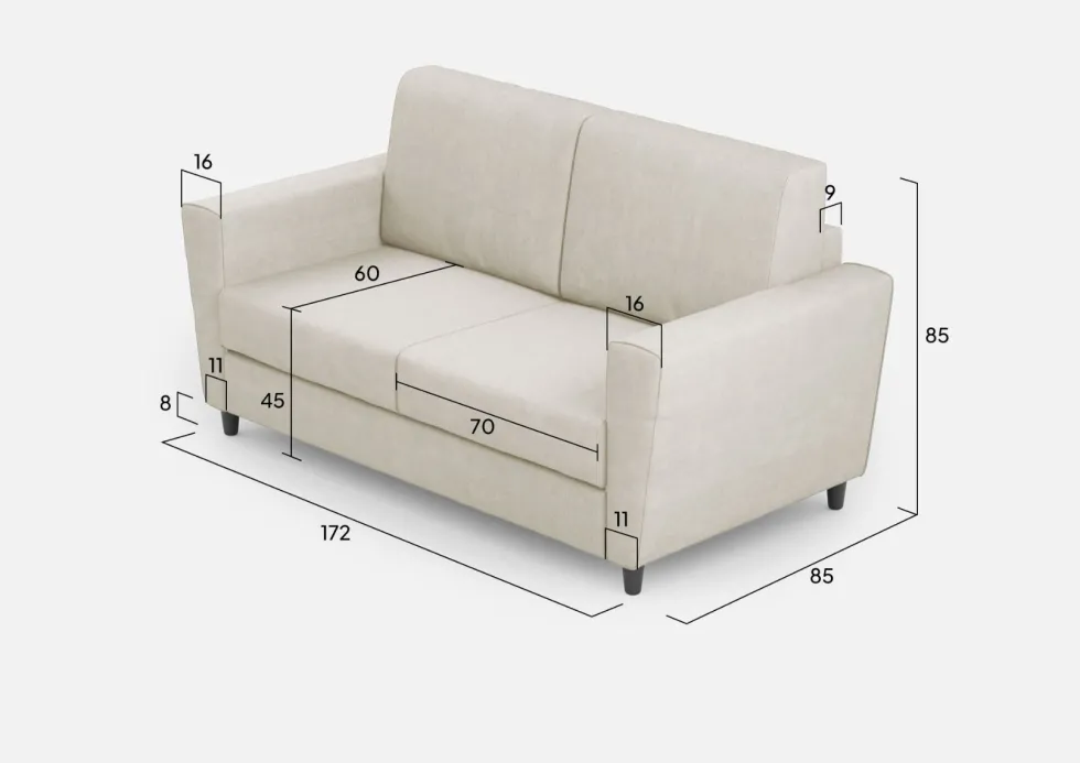 Divano 172x85cm design a due posti con piedini in legno e stoffa idrorepellente bianco latte DI35