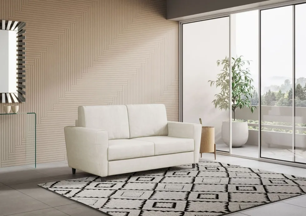 Divano 172x85cm design a due posti con piedini in legno e stoffa idrorepellente bianco latte DI35