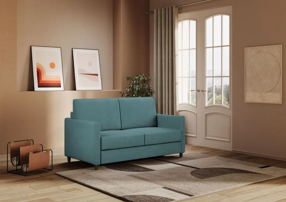 Divano 158x85cm design a due posti con tessuto idrorepellente blu petrolio DI24