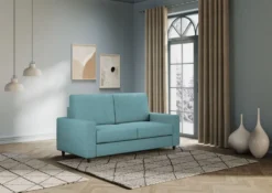 Divano 168x85cm design a due posti con bracciolo geometrico con stoffa idrorepellente blu petrolio DI13