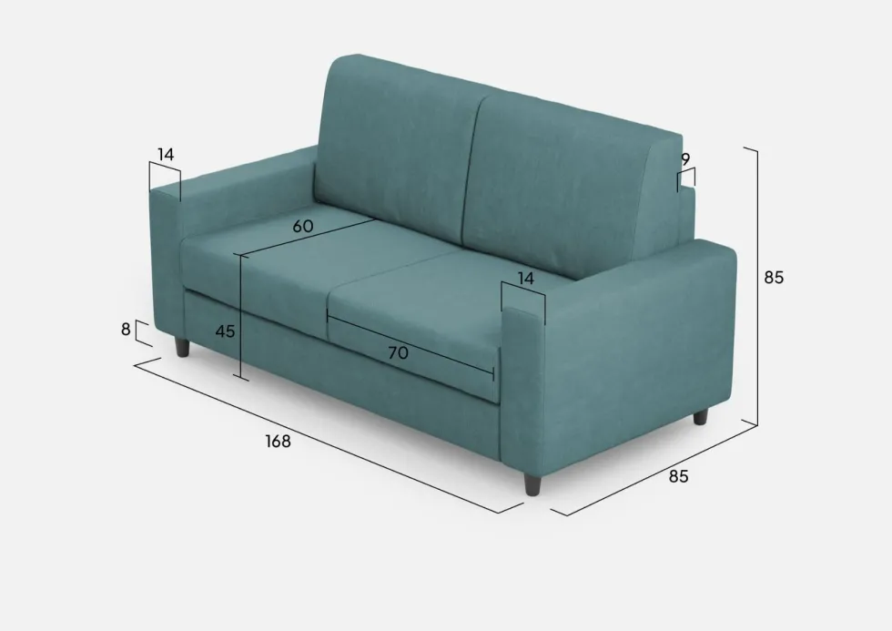 Divano 168x85cm design a due posti con bracciolo geometrico con stoffa idrorepellente blu petrolio DI13