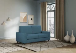 Divano 168x85cm design a due posti con bracciolo geometrico con stoffa idrorepellente blu avio DI13