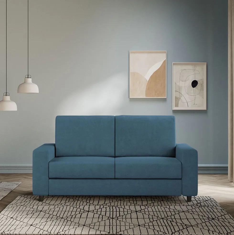 Divano 168x85cm design a due posti con bracciolo geometrico con stoffa idrorepellente blu avio DI13