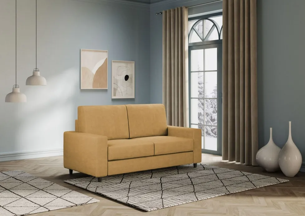 Divano 168x85cm design a due posti con bracciolo geometrico con stoffa idrorepellente ocra DI13