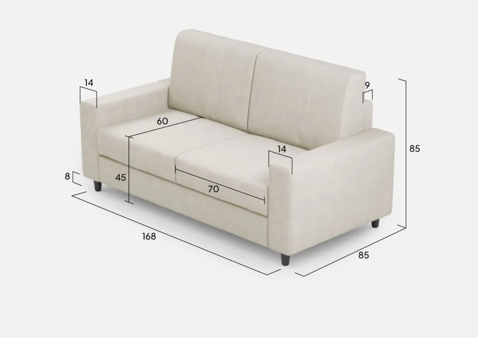Divano 168x85cm design a due posti con bracciolo geometrico con stoffa idrorepellente bianco latte DI13