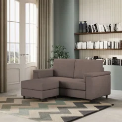 Divano 168x85cm design a due posti con bracciolo squadrato e pouf stoffa idrorepellente talpa DI5