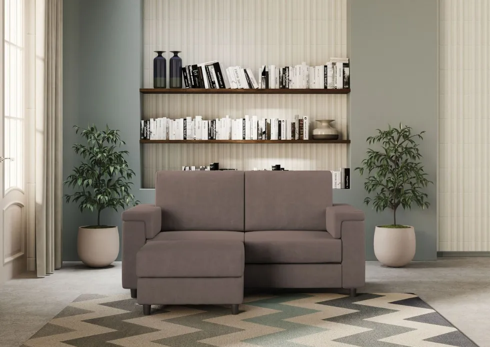Divano 168x85cm design a due posti con bracciolo squadrato e pouf stoffa idrorepellente talpa DI5