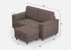 Divano 168x85cm design a due posti con bracciolo squadrato e pouf stoffa idrorepellente talpa DI5