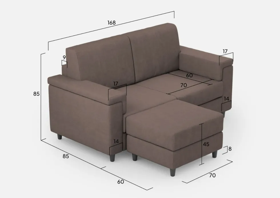 Divano 168x85cm design a due posti con bracciolo squadrato e pouf stoffa idrorepellente talpa DI5