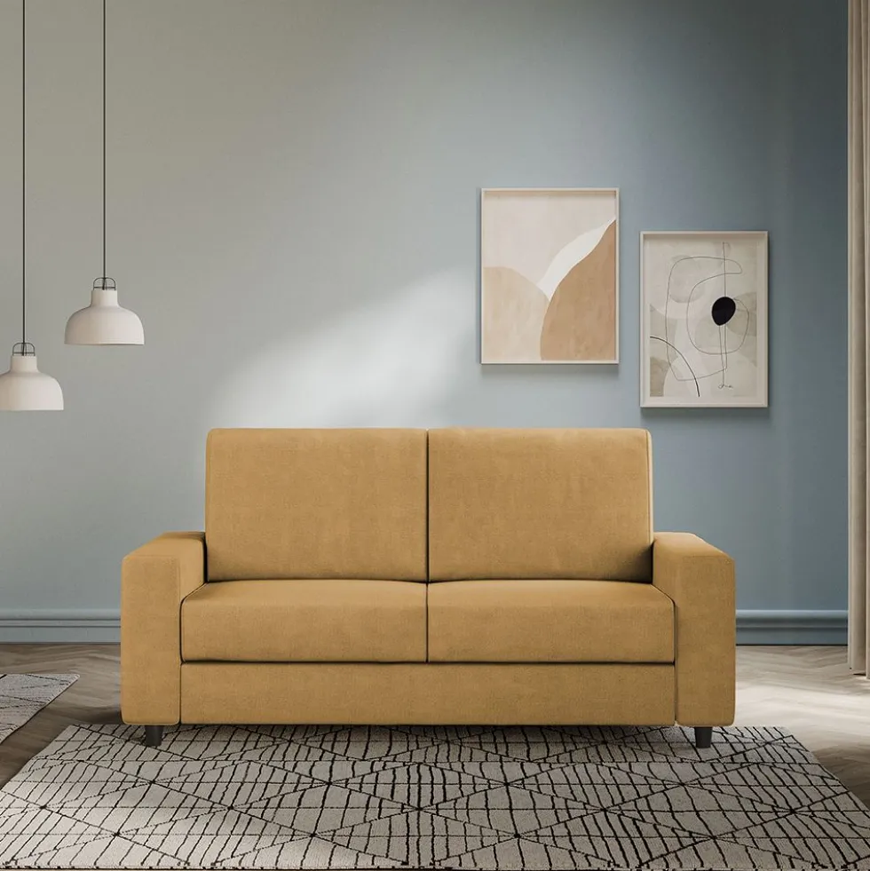 Divano 148x85cm design a due posti con bracciolo squadrato idrorepellente ocra DI12