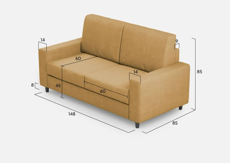 Divano 148x85cm design a due posti con bracciolo squadrato idrorepellente ocra DI12