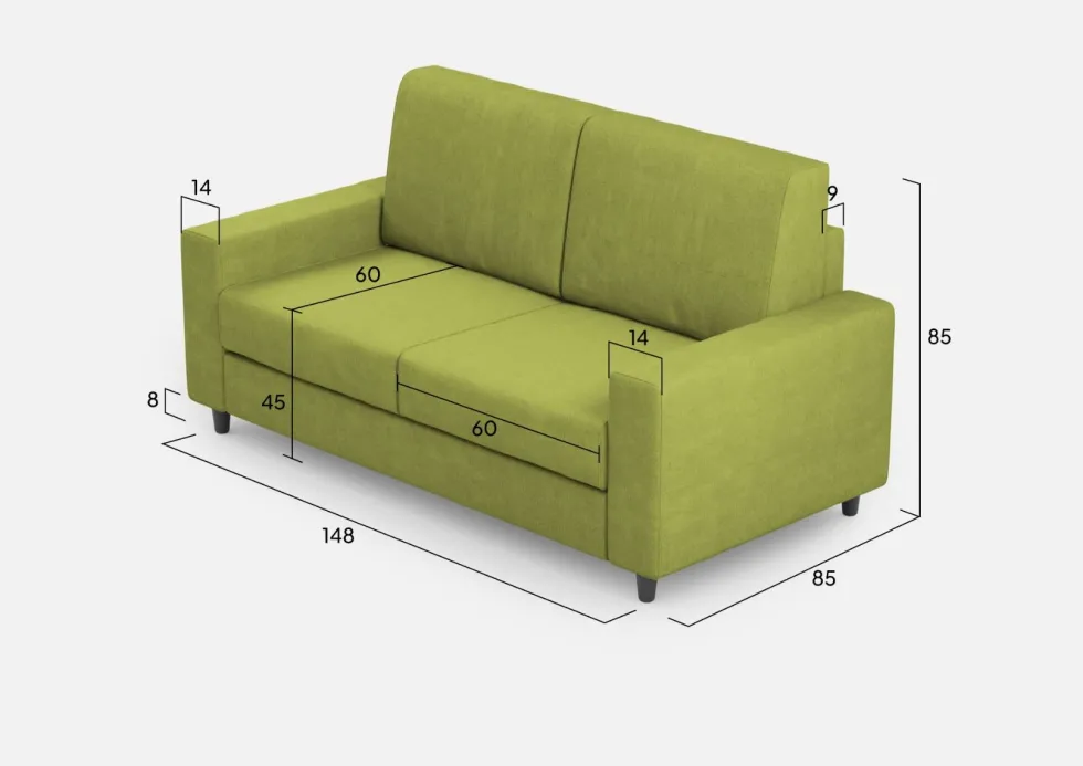 Divano 148x85cm design a due posti con bracciolo squadrato idrorepellente verde DI12