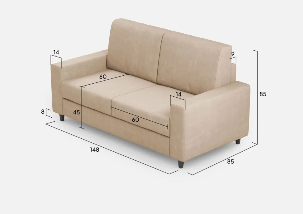 Divano 148x85cm design a due posti con bracciolo squadrato idrorepellente beige DI12