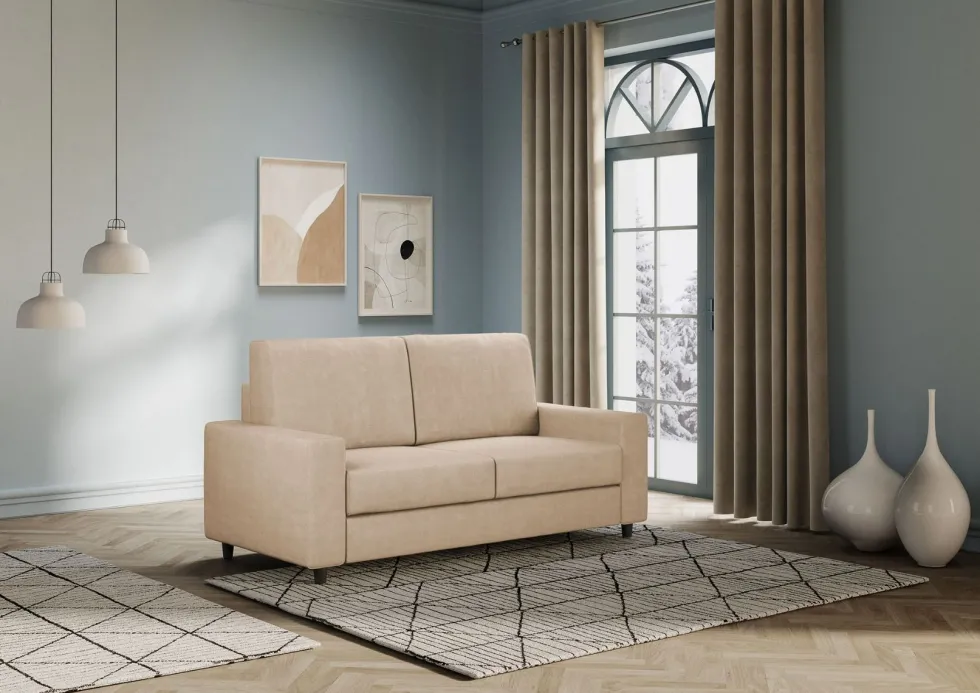 Divano 148x85cm design a due posti con bracciolo squadrato idrorepellente beige DI12
