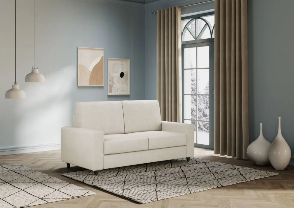 Divano 148x85cm design a due posti con bracciolo squadrato idrorepellente bianco latte DI12