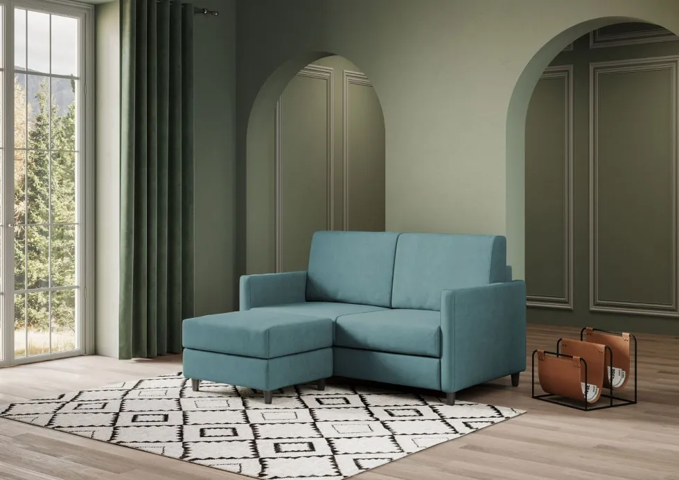 Divano 158x85cm design a due posti per salotto con pouf versatile blu petrolio DI27