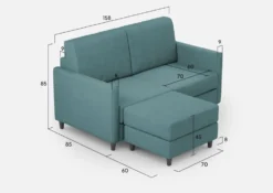 Divano 158x85cm design a due posti per salotto con pouf versatile blu petrolio DI27