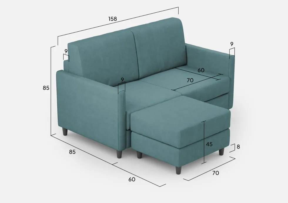 Divano 158x85cm design a due posti per salotto con pouf versatile blu petrolio DI27