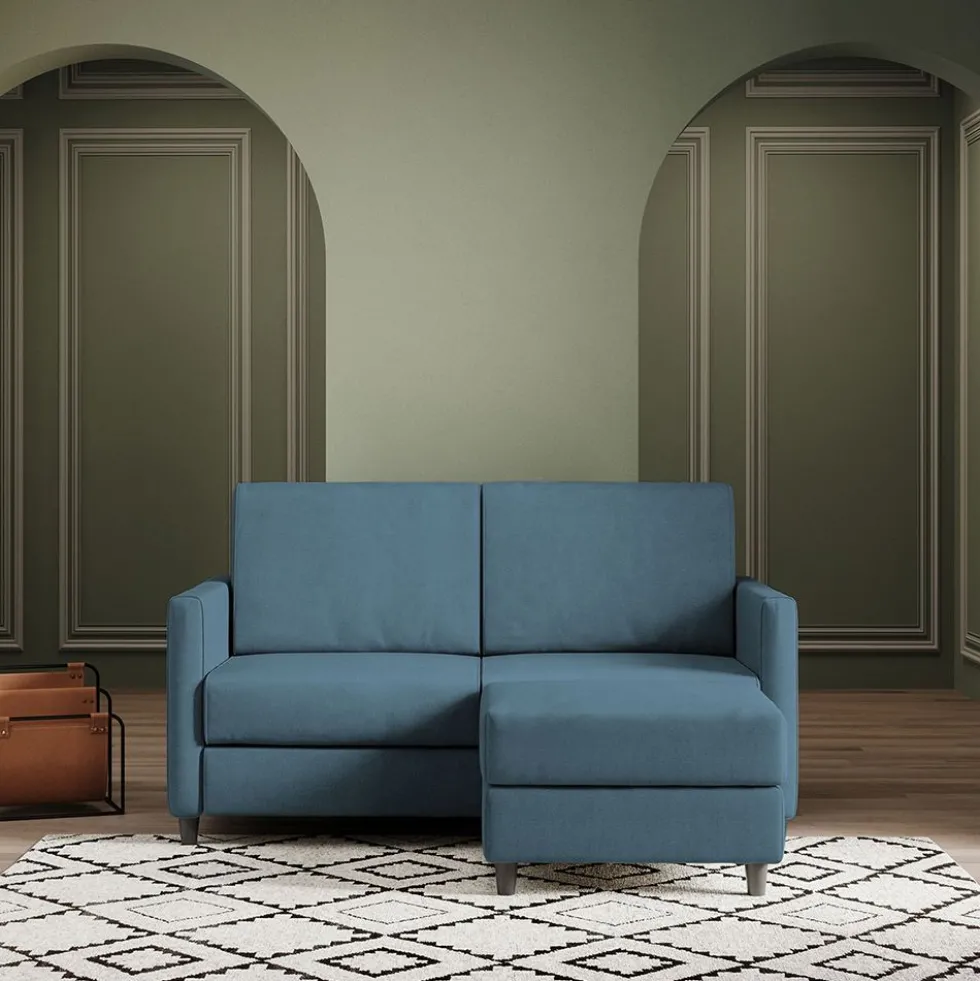Divano 158x85cm design a due posti per salotto con pouf versatile blu avio DI27
