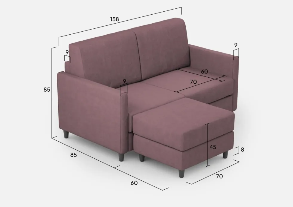 Divano 158x85cm design a due posti per salotto con pouf versatile prugna DI27