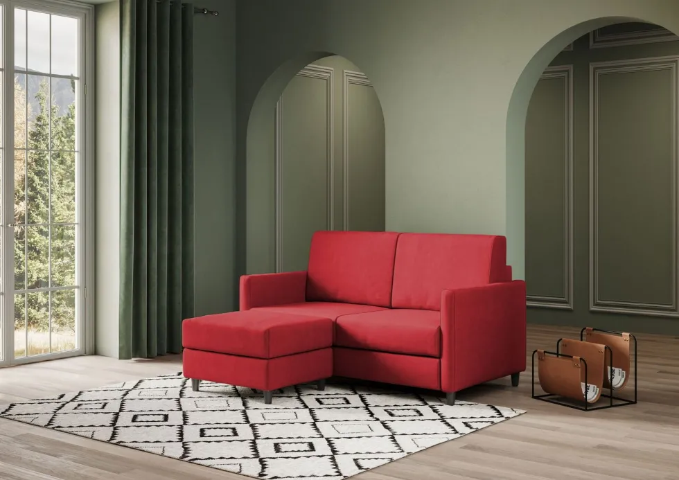 Divano 158x85cm design a due posti per salotto con pouf versatile rosso DI27