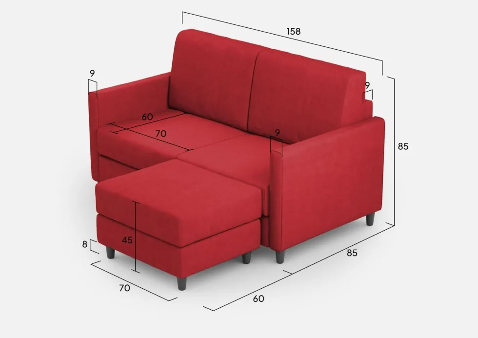 Divano 158x85cm design a due posti per salotto con pouf versatile rosso DI27