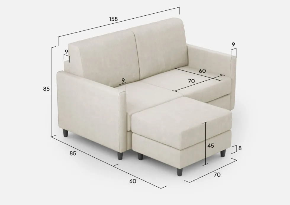 Divano 158x85cm design a due posti per salotto con pouf versatile bianco latte DI27