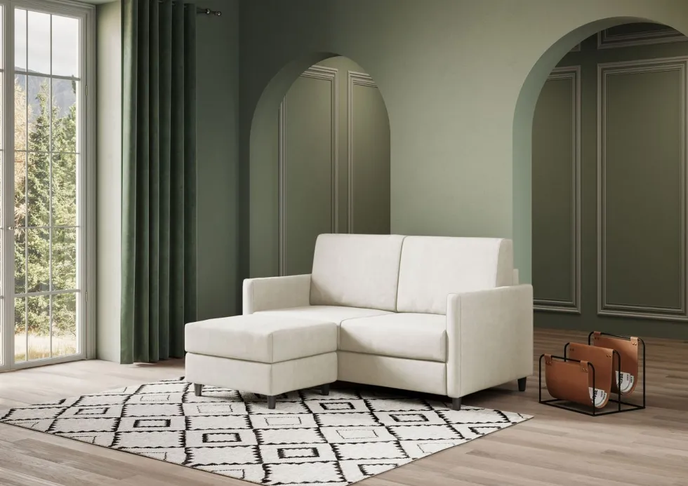 Divano 158x85cm design a due posti per salotto con pouf versatile bianco latte DI27