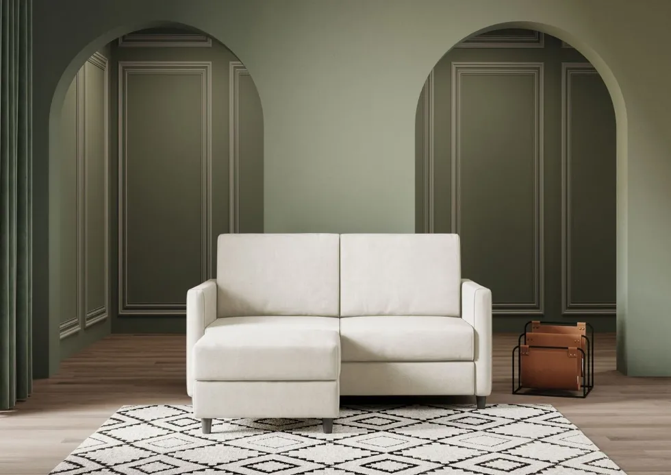 Divano 158x85cm design a due posti per salotto con pouf versatile bianco latte DI27