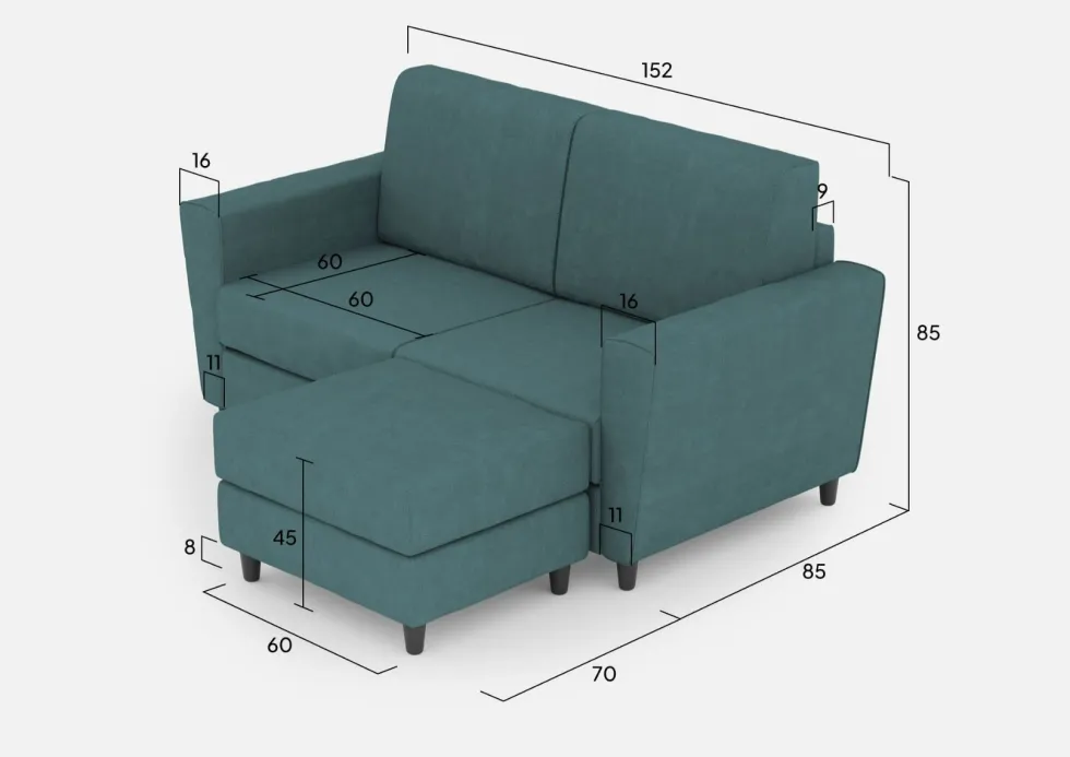 Divano 152x85cm design a due posti piccolo con pouf e stoffa idrorepellente blu petrolio DI37