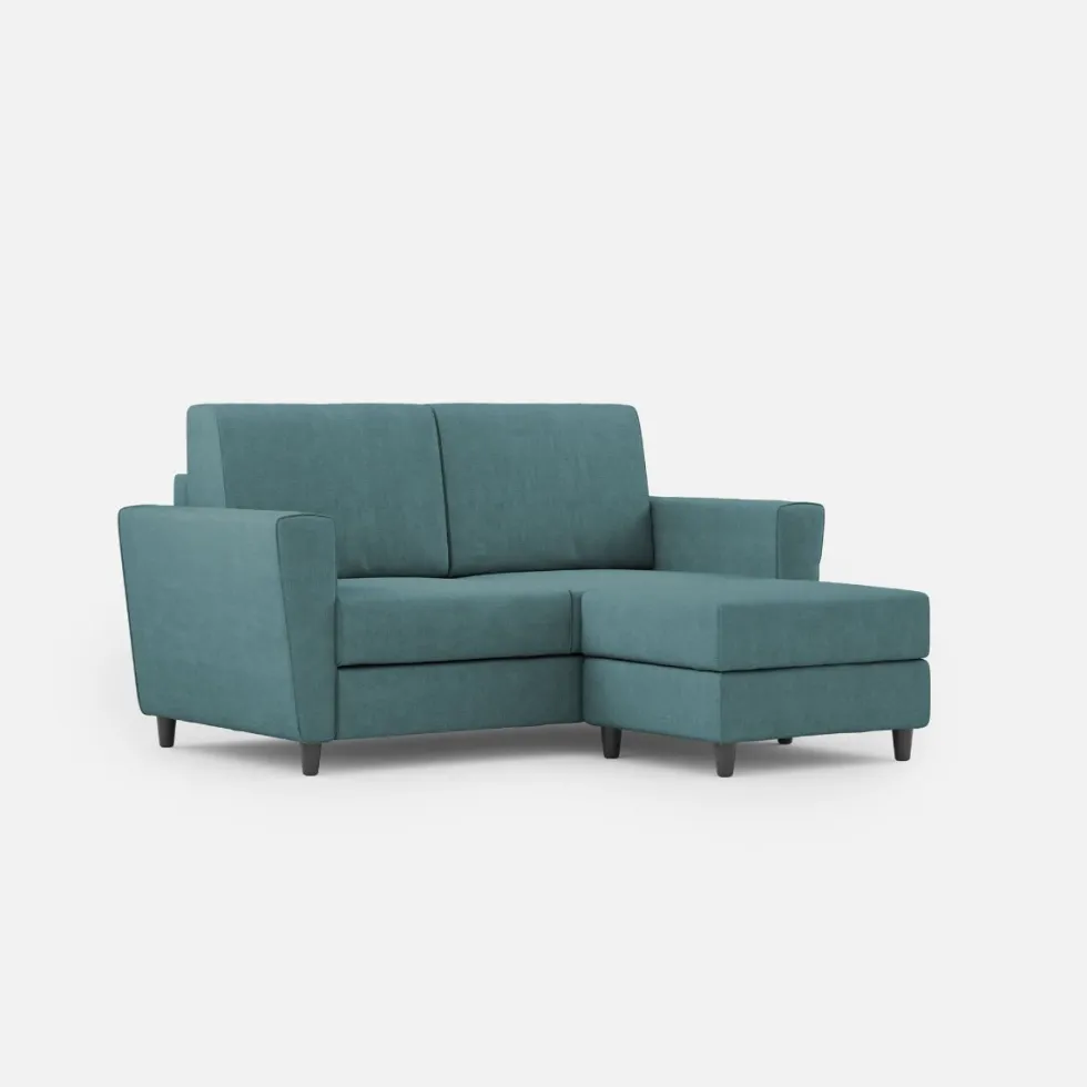 Divano 152x85cm design a due posti piccolo con pouf e stoffa idrorepellente blu petrolio DI37