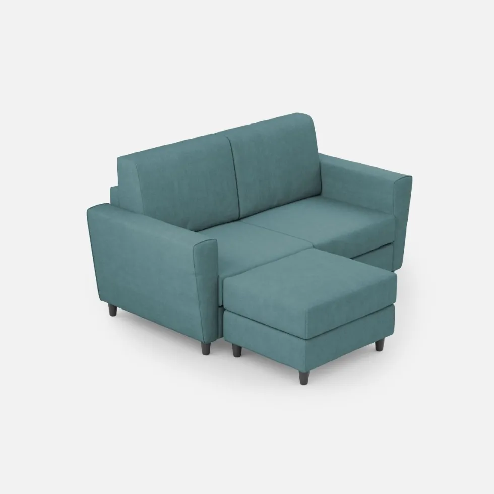 Divano 152x85cm design a due posti piccolo con pouf e stoffa idrorepellente blu petrolio DI37