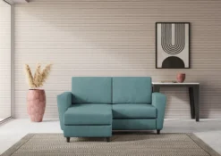 Divano 152x85cm design a due posti piccolo con pouf e stoffa idrorepellente blu petrolio DI37