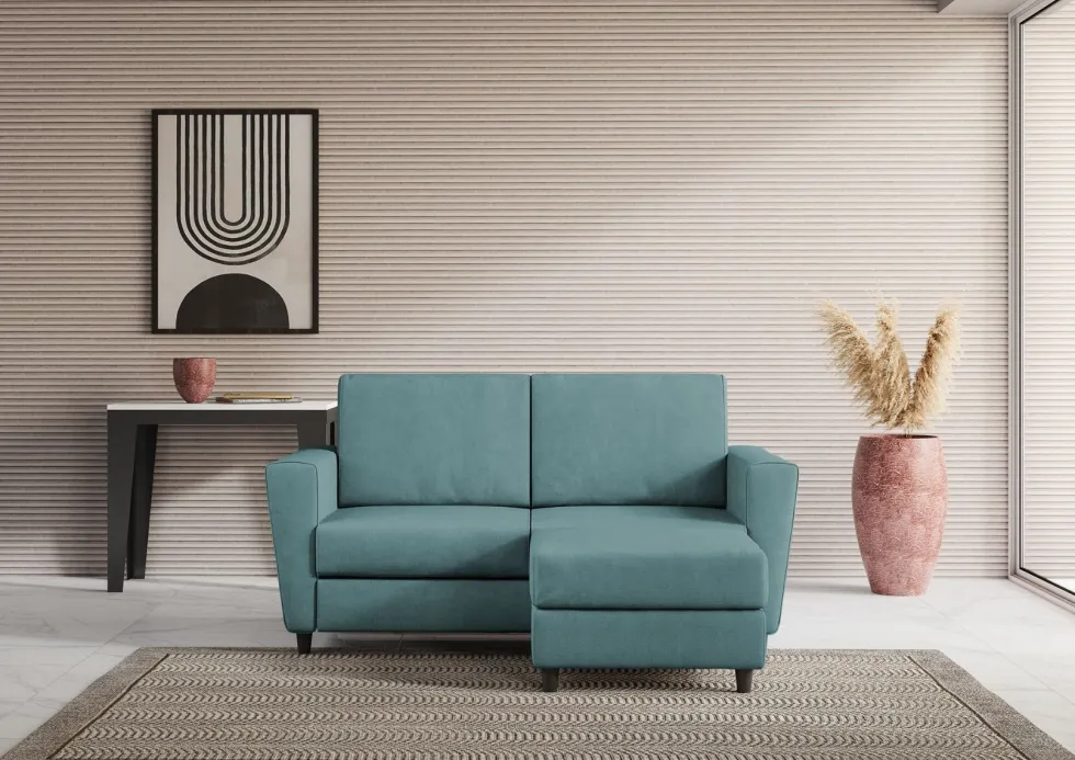 Divano 152x85cm design a due posti piccolo con pouf e stoffa idrorepellente blu petrolio DI37