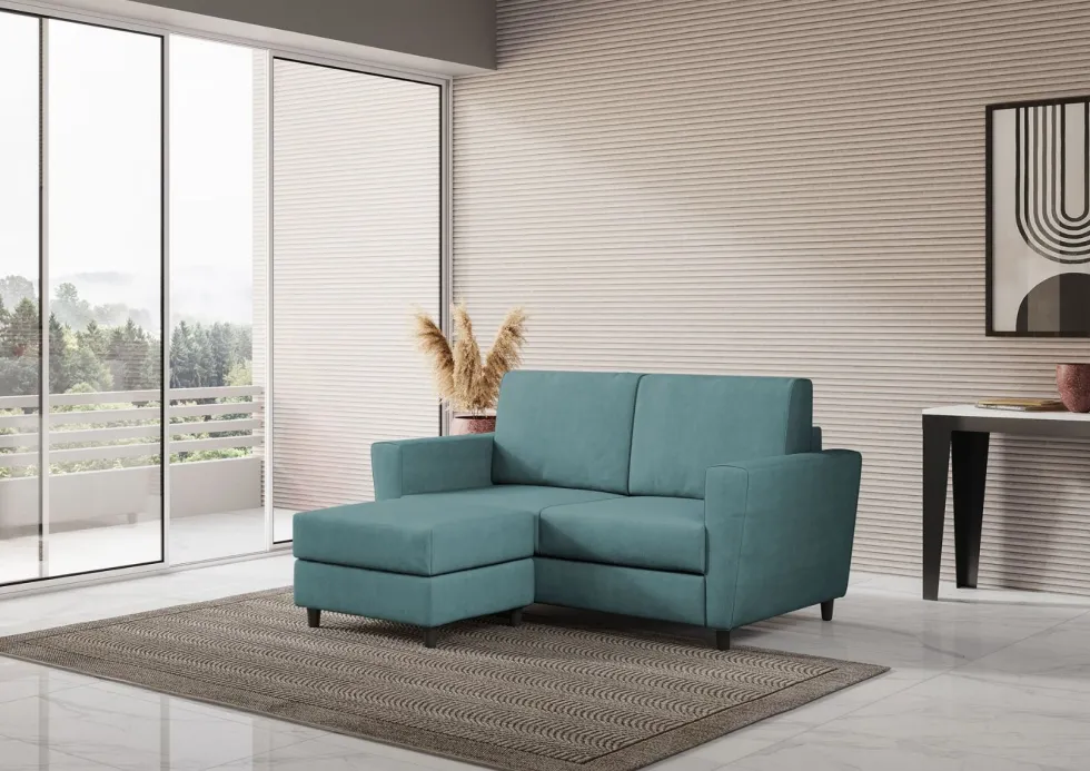Divano 152x85cm design a due posti piccolo con pouf e stoffa idrorepellente blu petrolio DI37
