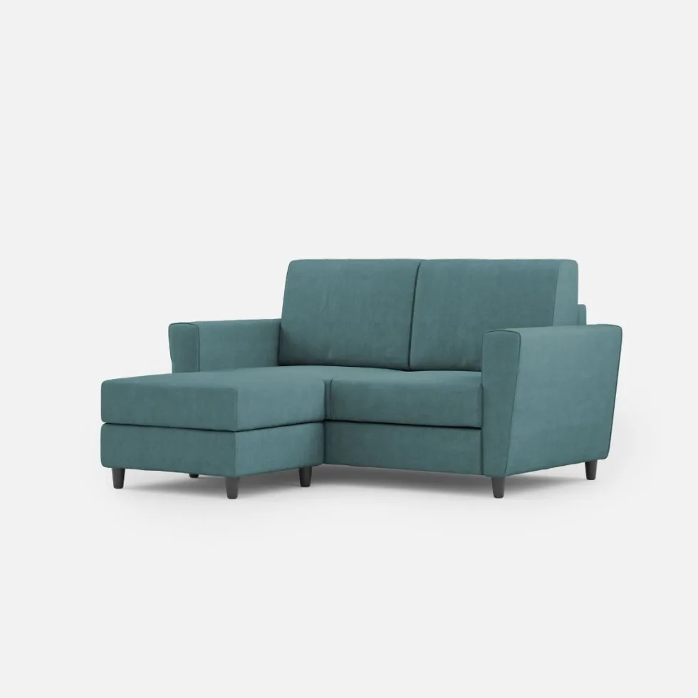 Divano 152x85cm design a due posti piccolo con pouf e stoffa idrorepellente blu petrolio DI37