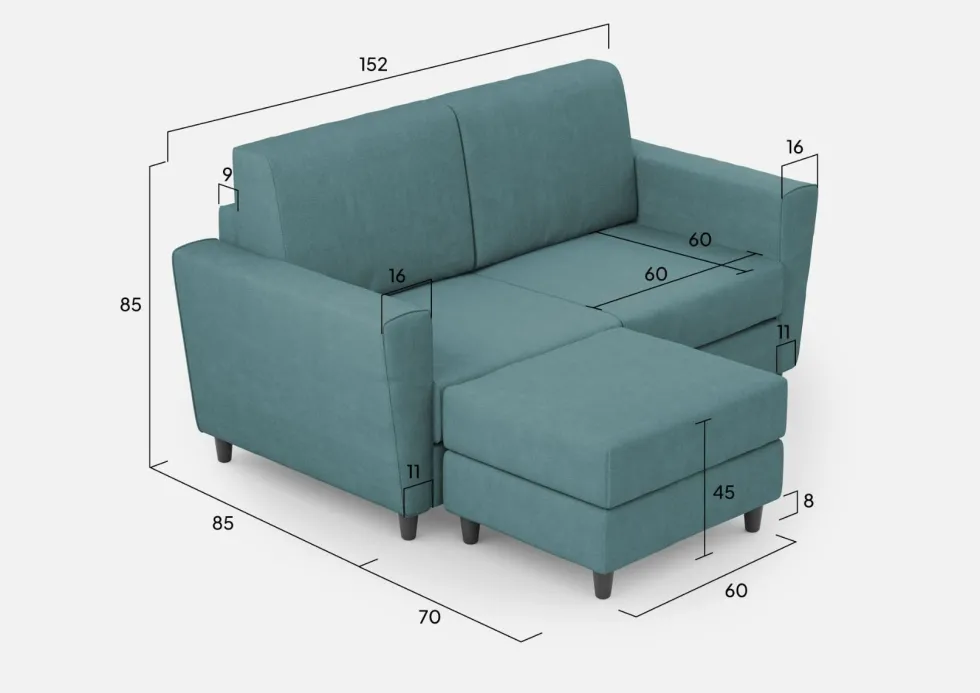 Divano 152x85cm design a due posti piccolo con pouf e stoffa idrorepellente blu petrolio DI37