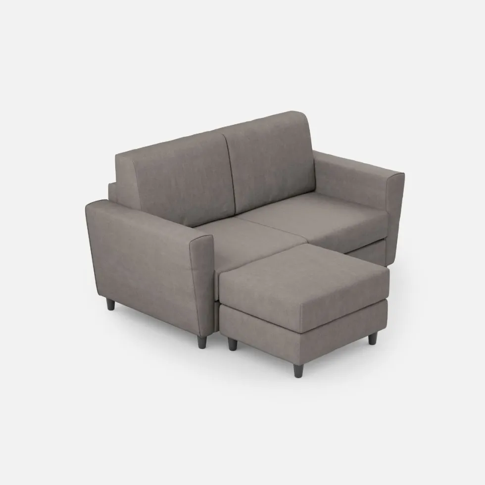 Divano 152x85cm design a due posti piccolo con pouf e stoffa idrorepellente grigio DI37