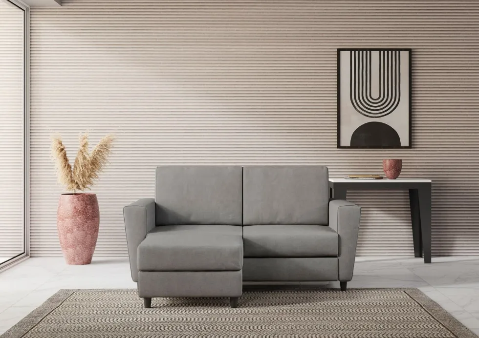 Divano 152x85cm design a due posti piccolo con pouf e stoffa idrorepellente grigio DI37
