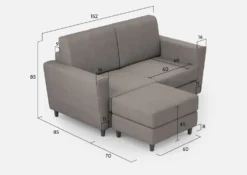 Divano 152x85cm design a due posti piccolo con pouf e stoffa idrorepellente grigio DI37