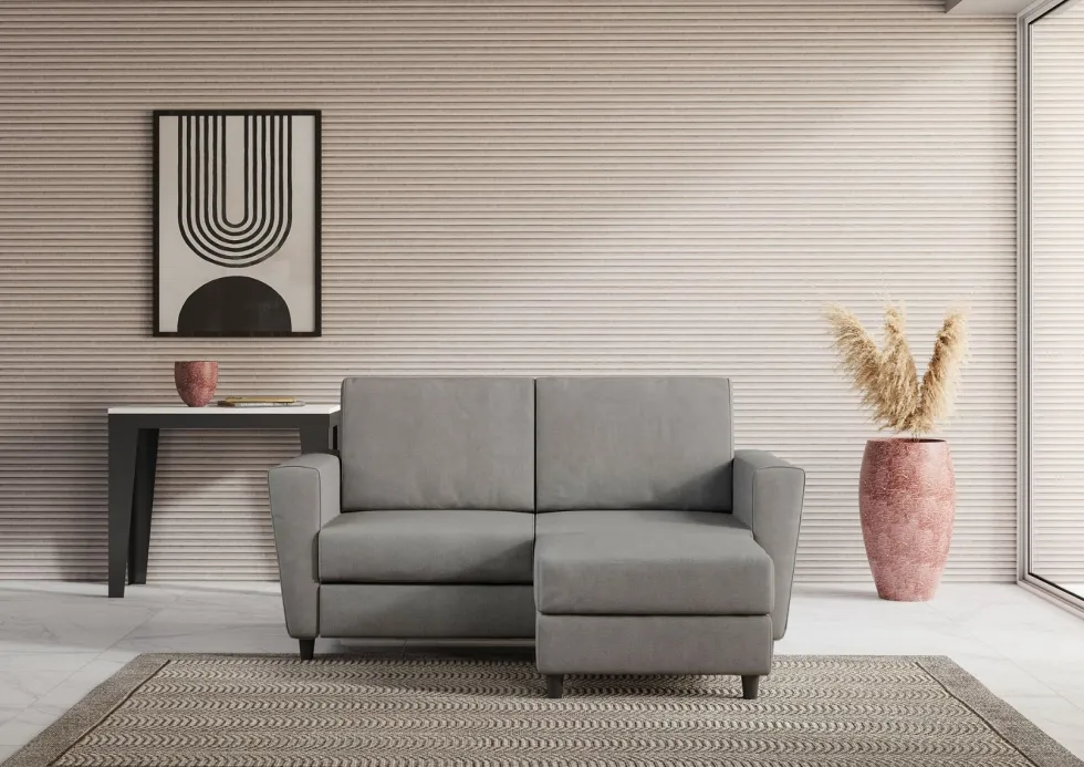 Divano 152x85cm design a due posti piccolo con pouf e stoffa idrorepellente grigio DI37